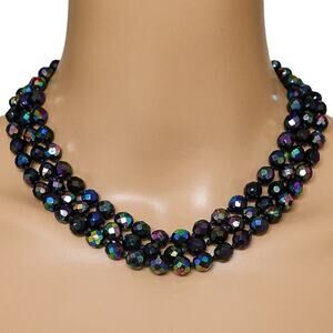 VTG Austrian 3-Strand Necklace Faceted Glass Bead Iridescent Carnival Peacock